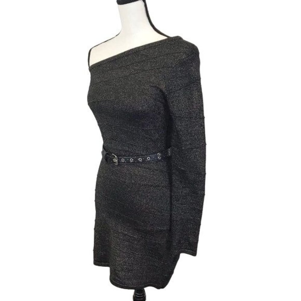 Forever 21 Womens Black Silver Shimmering One Shoulder Sweater Dress Size M - Picture 2 of 8